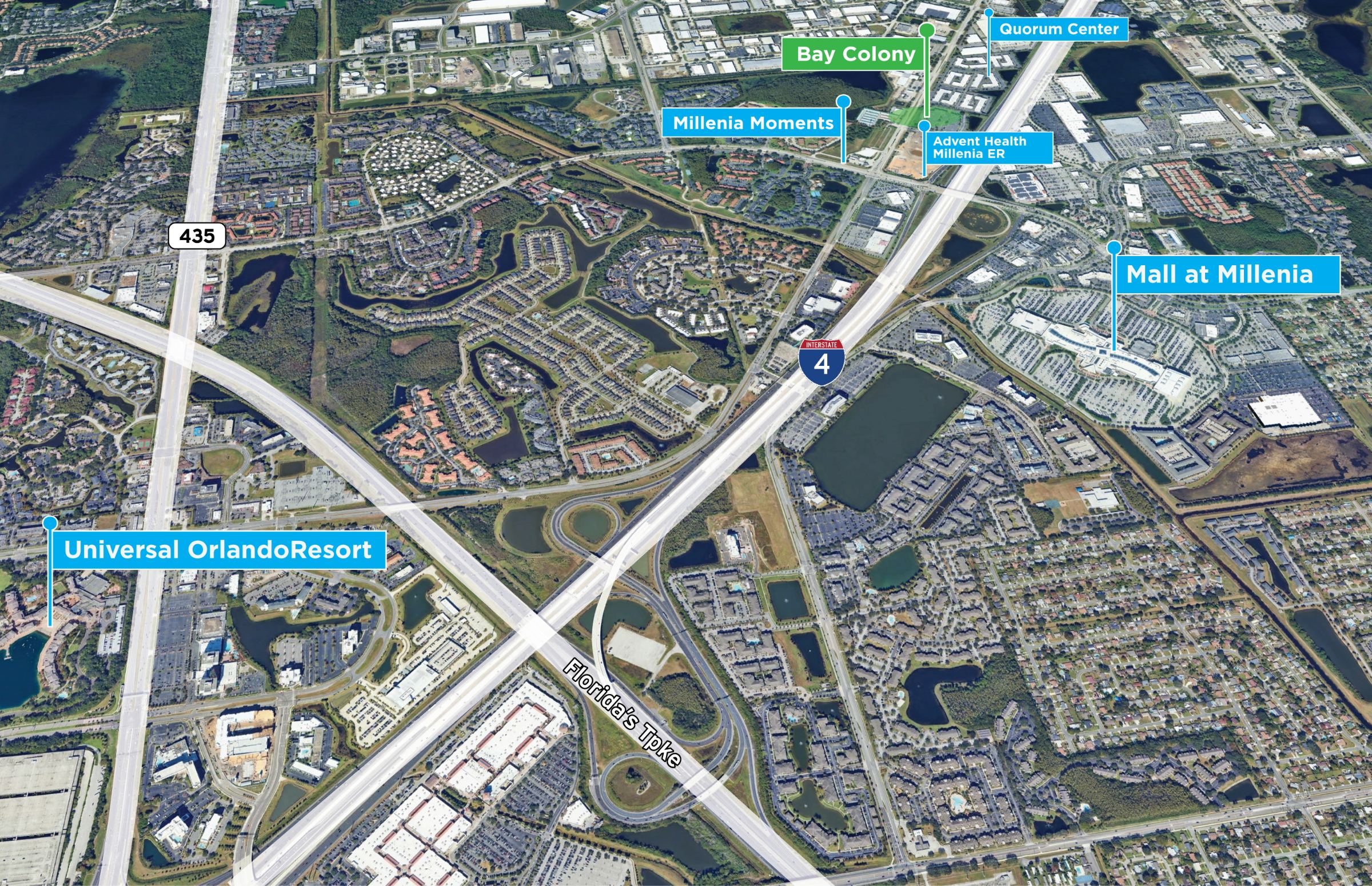 Aerial map showing Bay Colony near I-4, Florida’s Turnpike and the Mall at Millenia