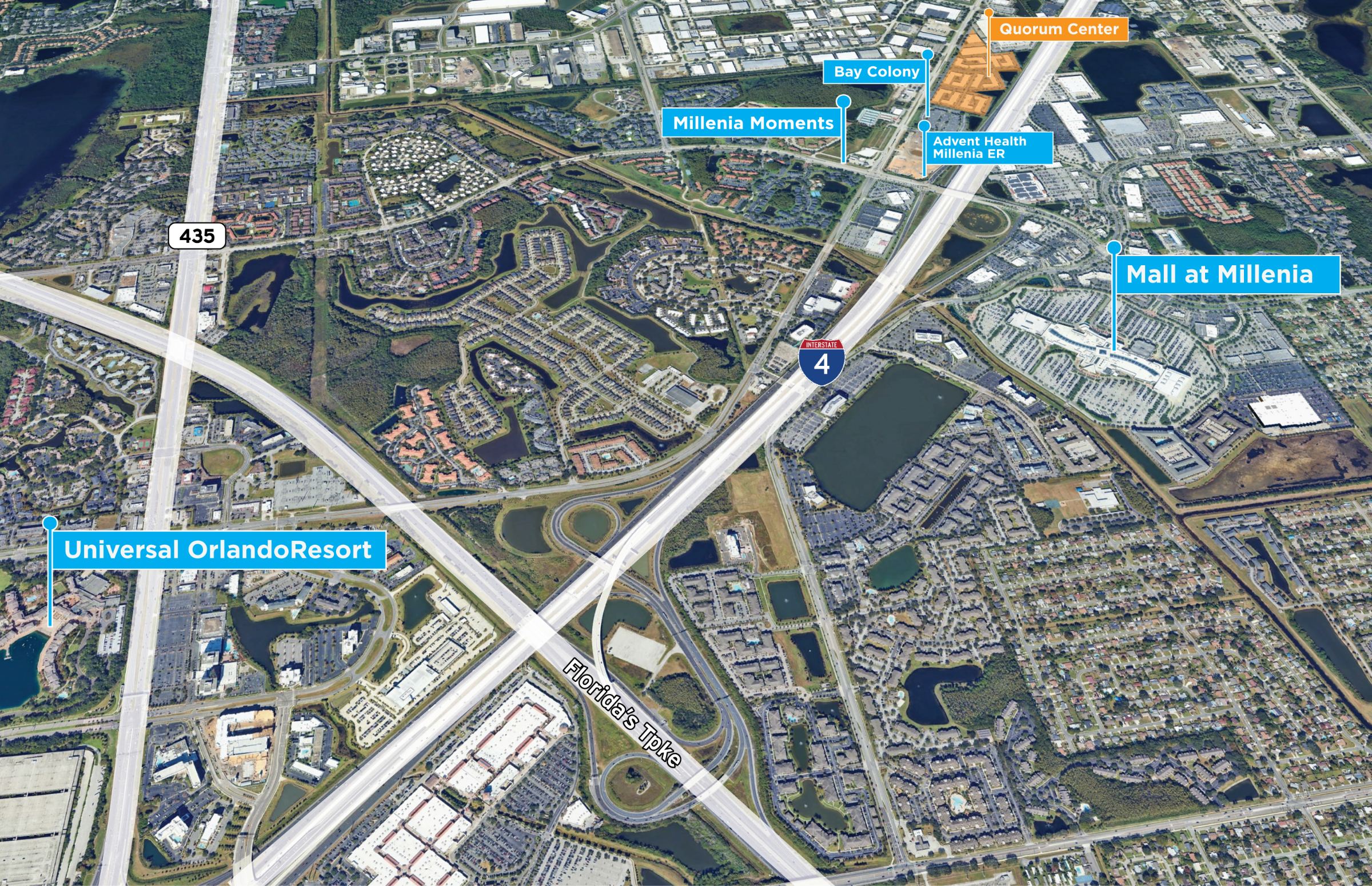 Aerial map showing Quorum Center near I-4, Florida’s Turnpike and the Mall at Millenia